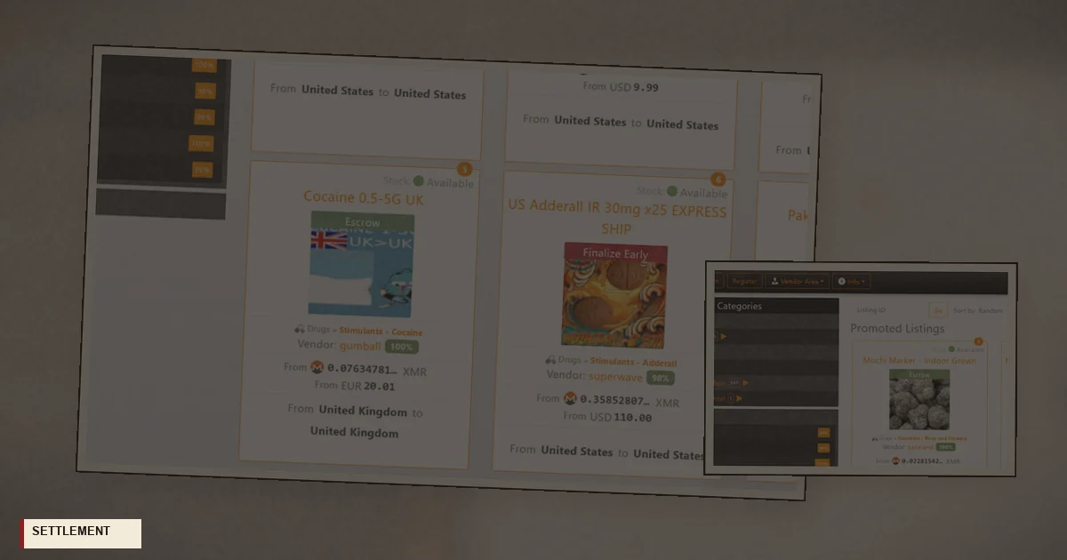 Lower-frame photograph of DrugHub listing cards
