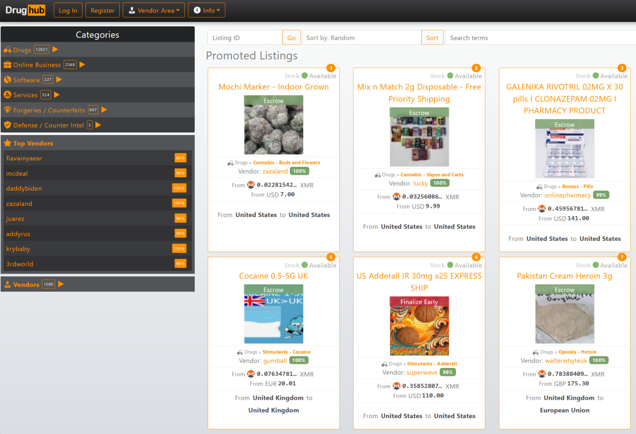 Documented DrugHub interface with listing cards on a research desk